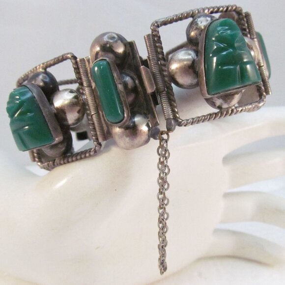 Sterling Silver Carved Green Onyx Tribal Face Mexican Link Bracelet Size 6.75 - Picture 9 of 16
